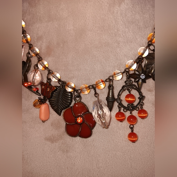 Vintage~Y2K Multi Charm Orange Bronze Floral Beaded Necklace - Picture 3 of 9